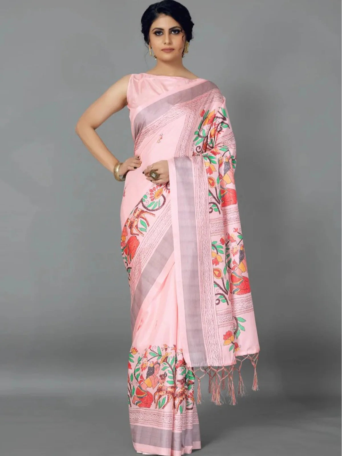 Tarani Manipuri printed pink saree full view with floral border and pallu design