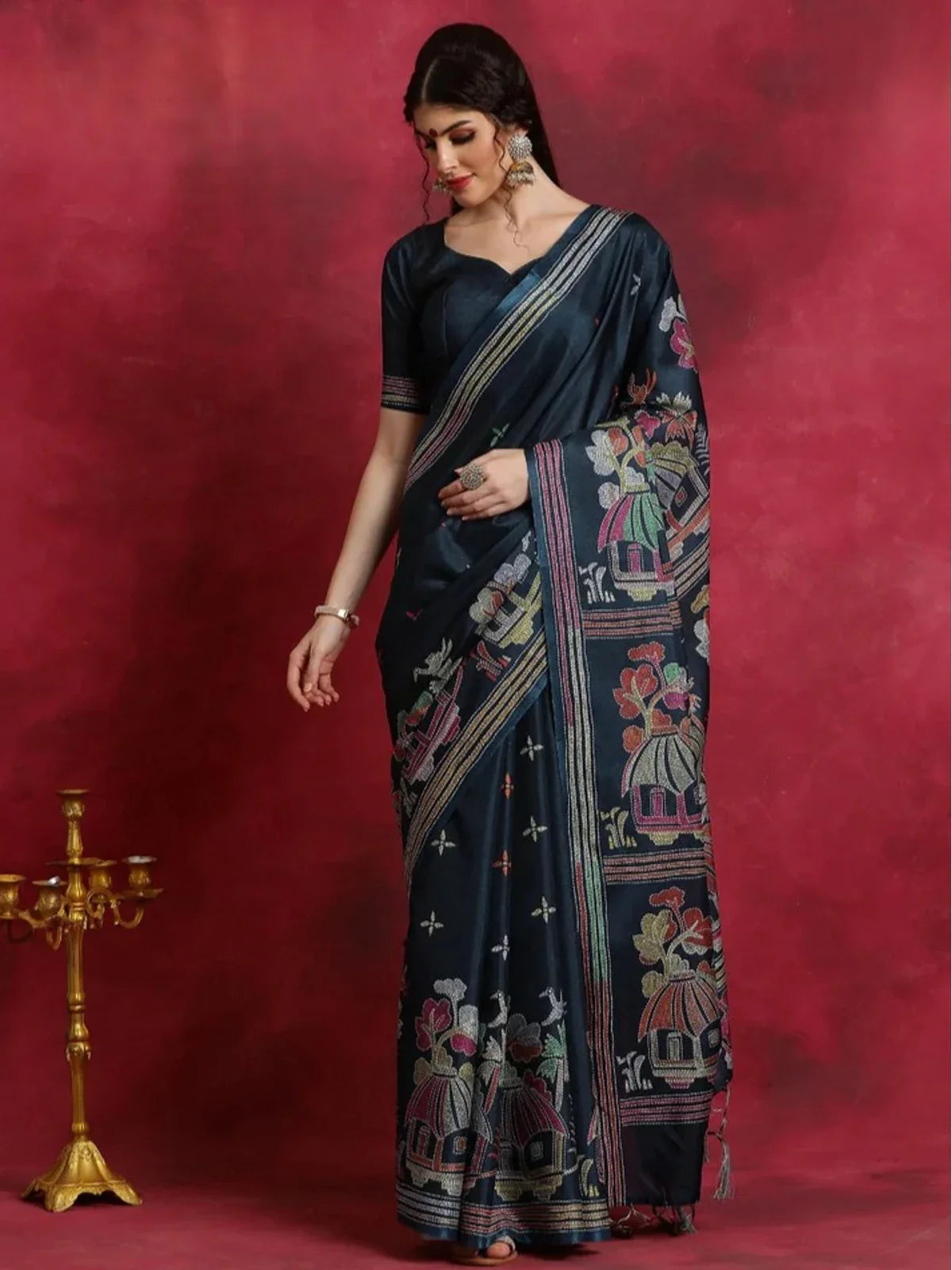 Tarani teal blue Manipuri silk saree with tassels and village motifs - full view