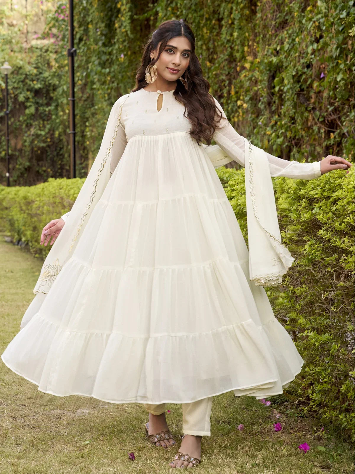 Tarani off white layered Anarkali dress swirling view with pant and matching dupatta