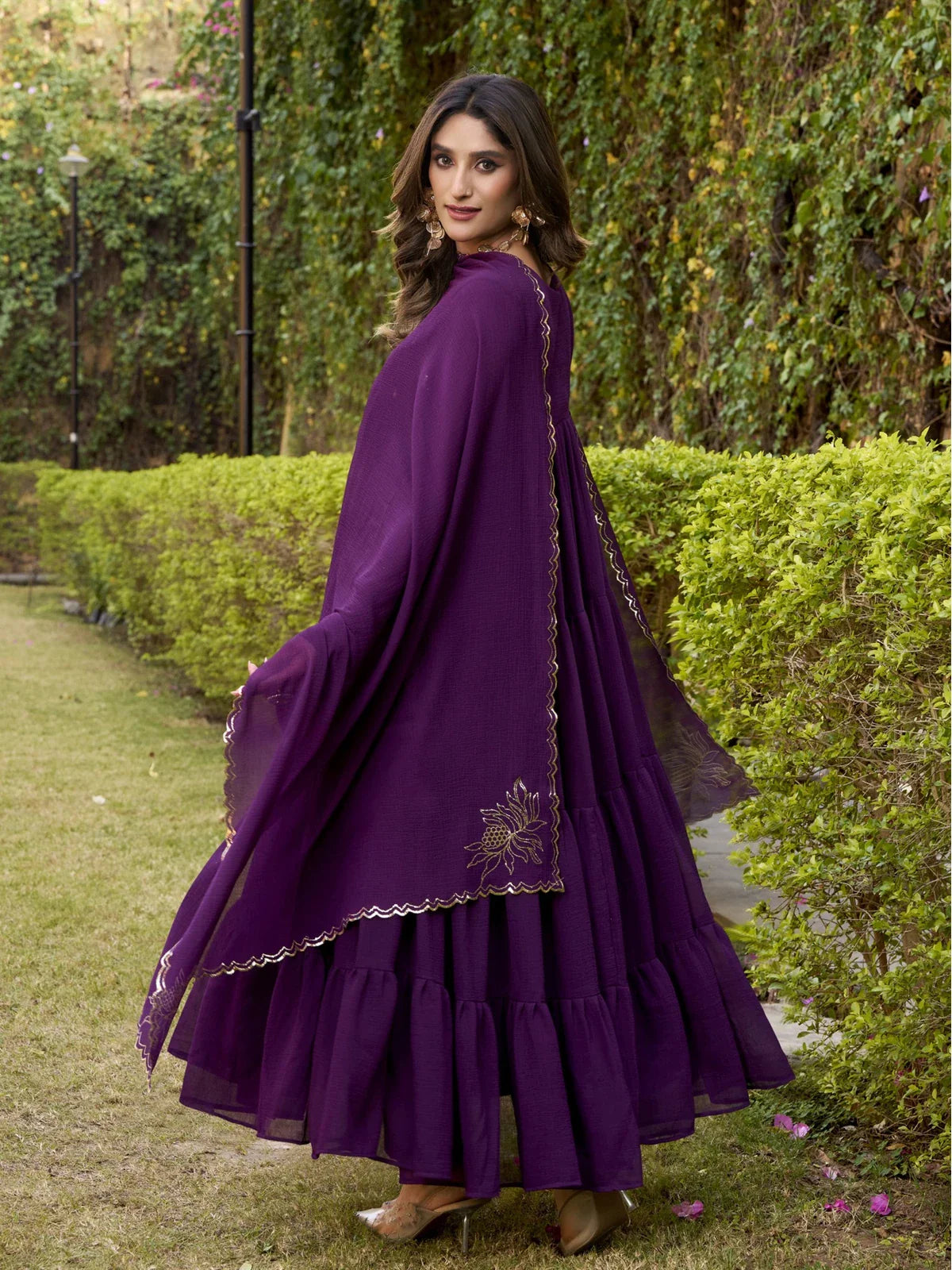 Tarani marbel purple dress back view showing full flowy layers and detailed dupatta border