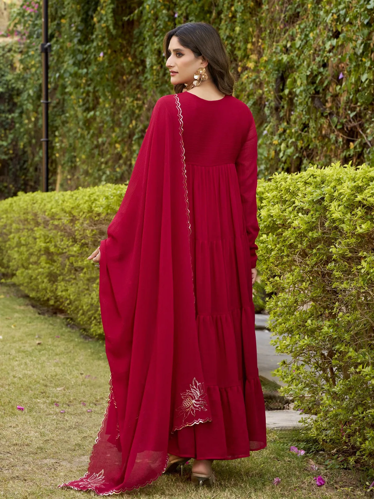 Tarani red dress full back view with dupatta design