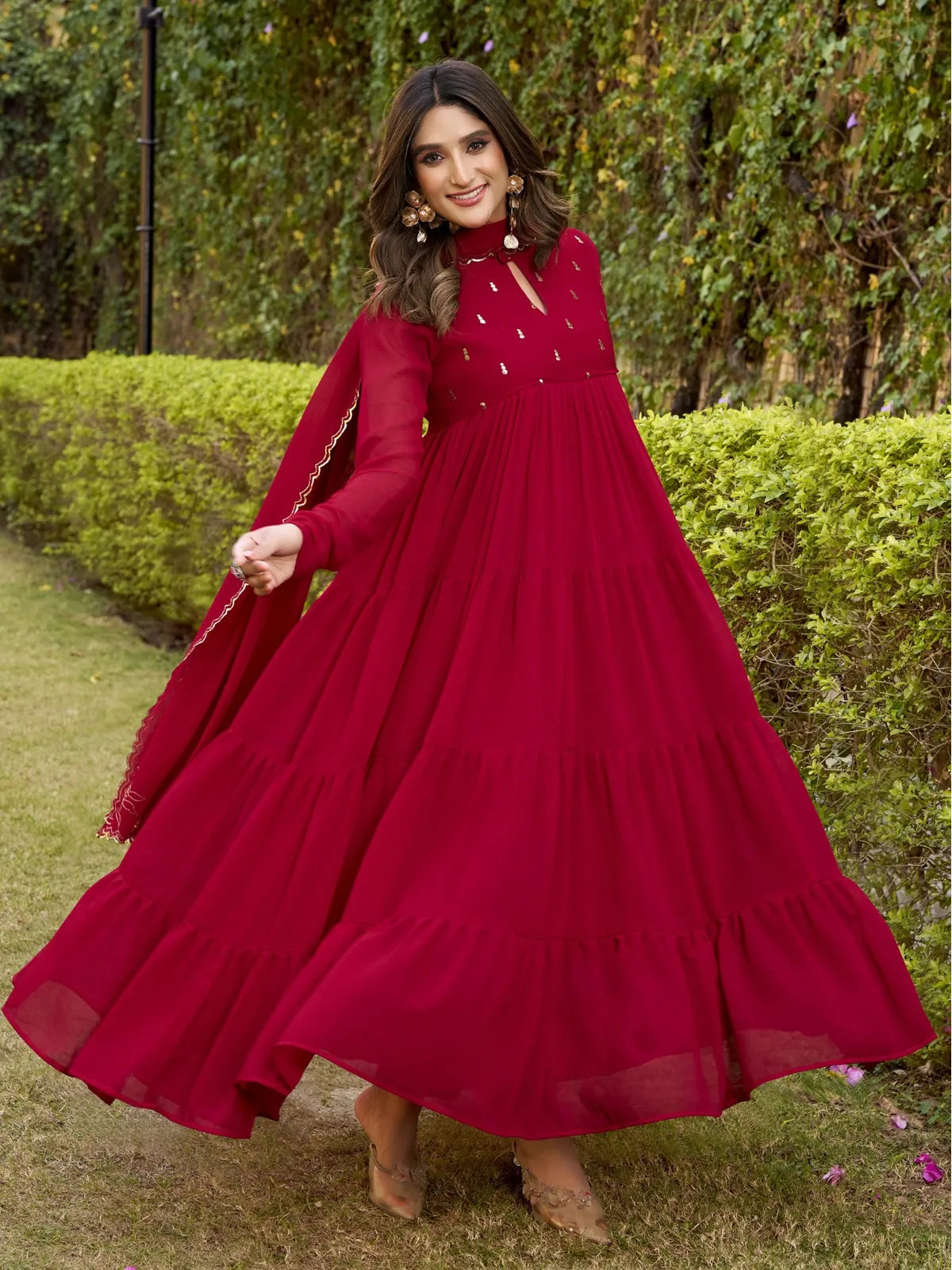 Tarani red dress front twirl full length party wear