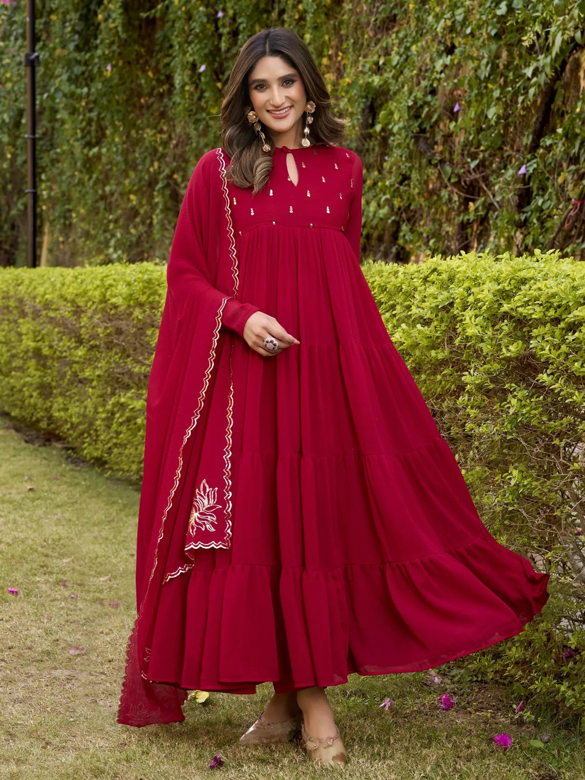 Tarani premium red anarkali style festive dress with dupatta and foil work