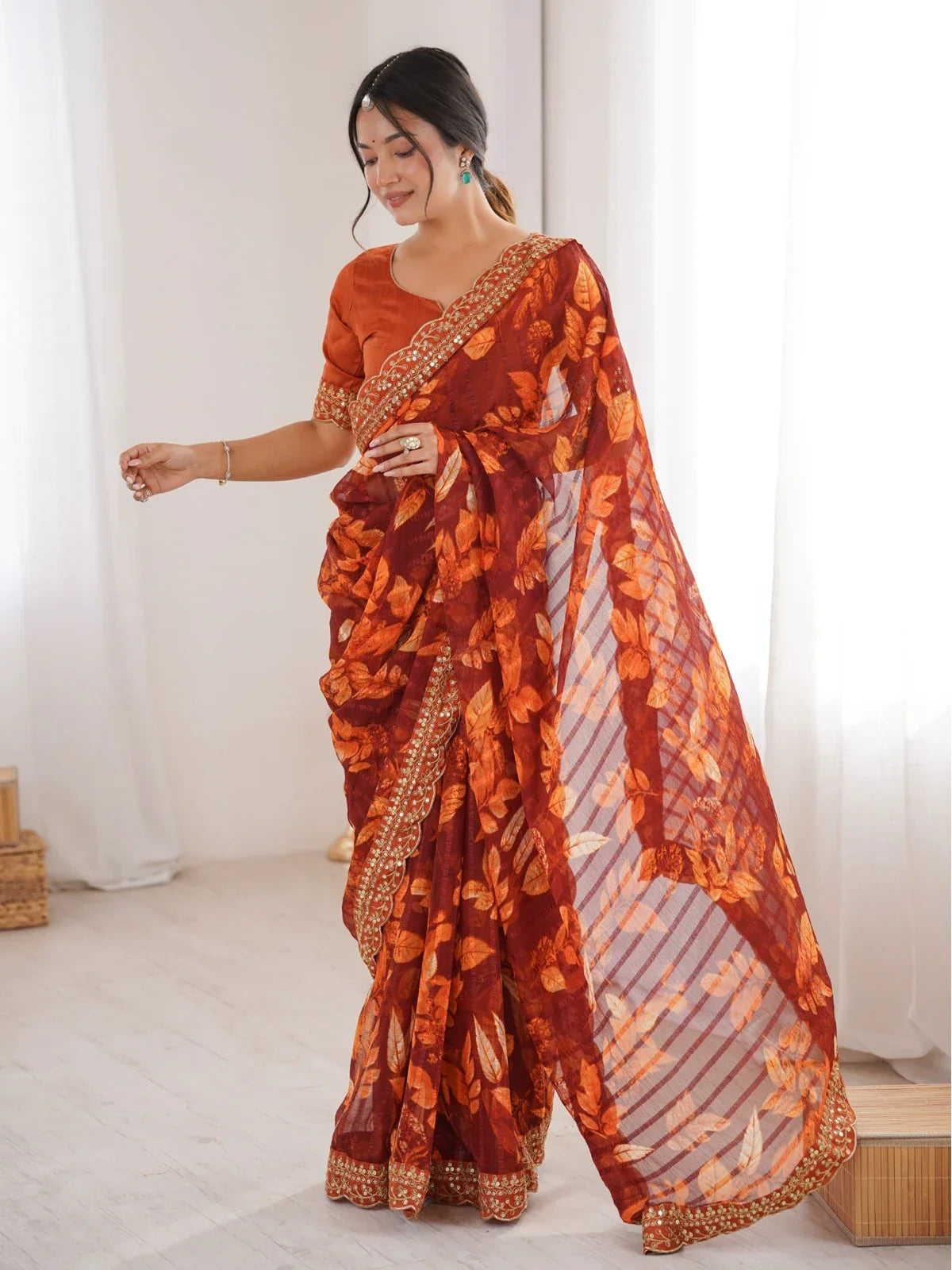 Tarani maroon marble print saree with floral design and embroidered blouse front view