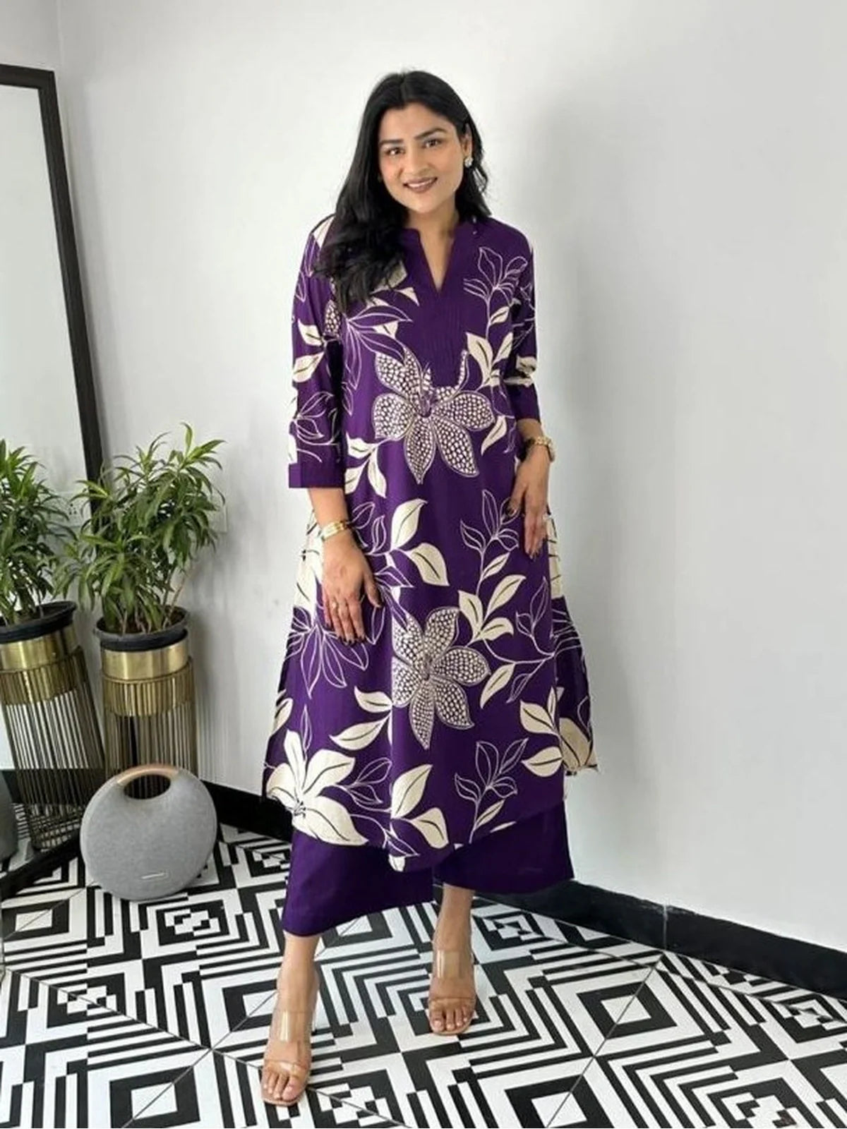 Tarani festive purple maslin dress with floral print, full front view showing kurti and pant design