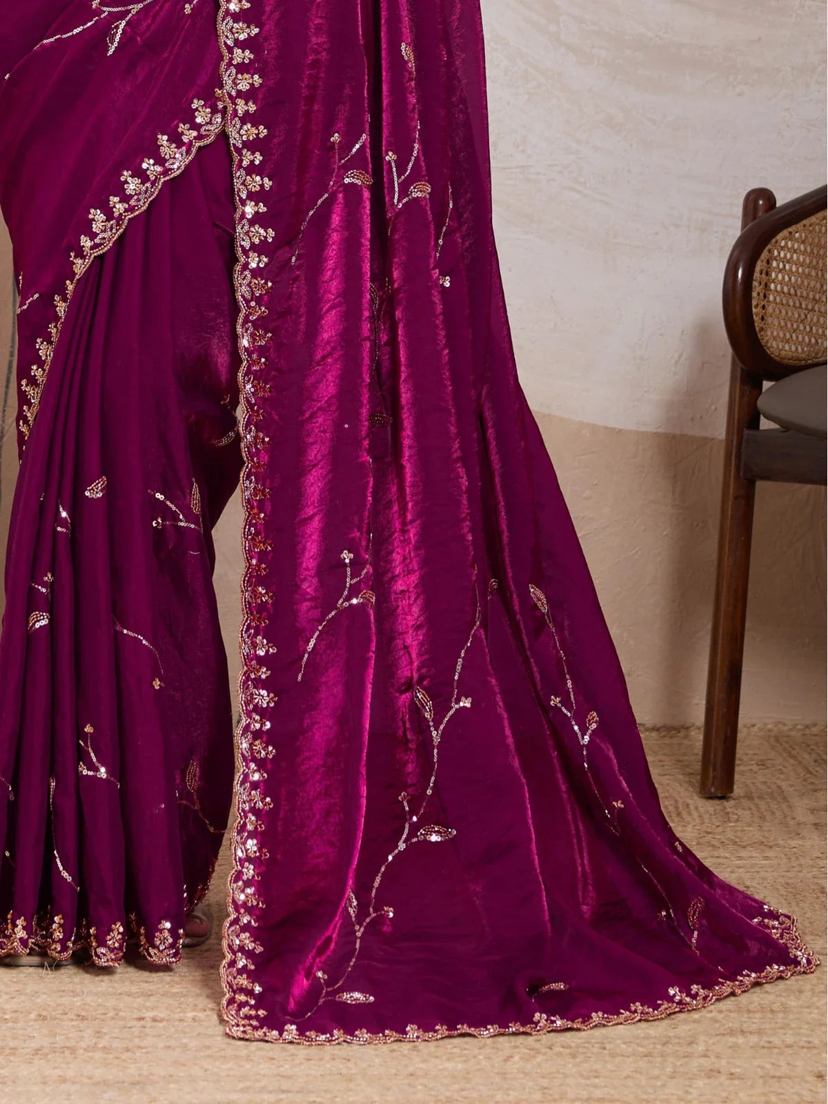 Tarani pallu closeup of metallic velvet saree showing embroidery and sheen