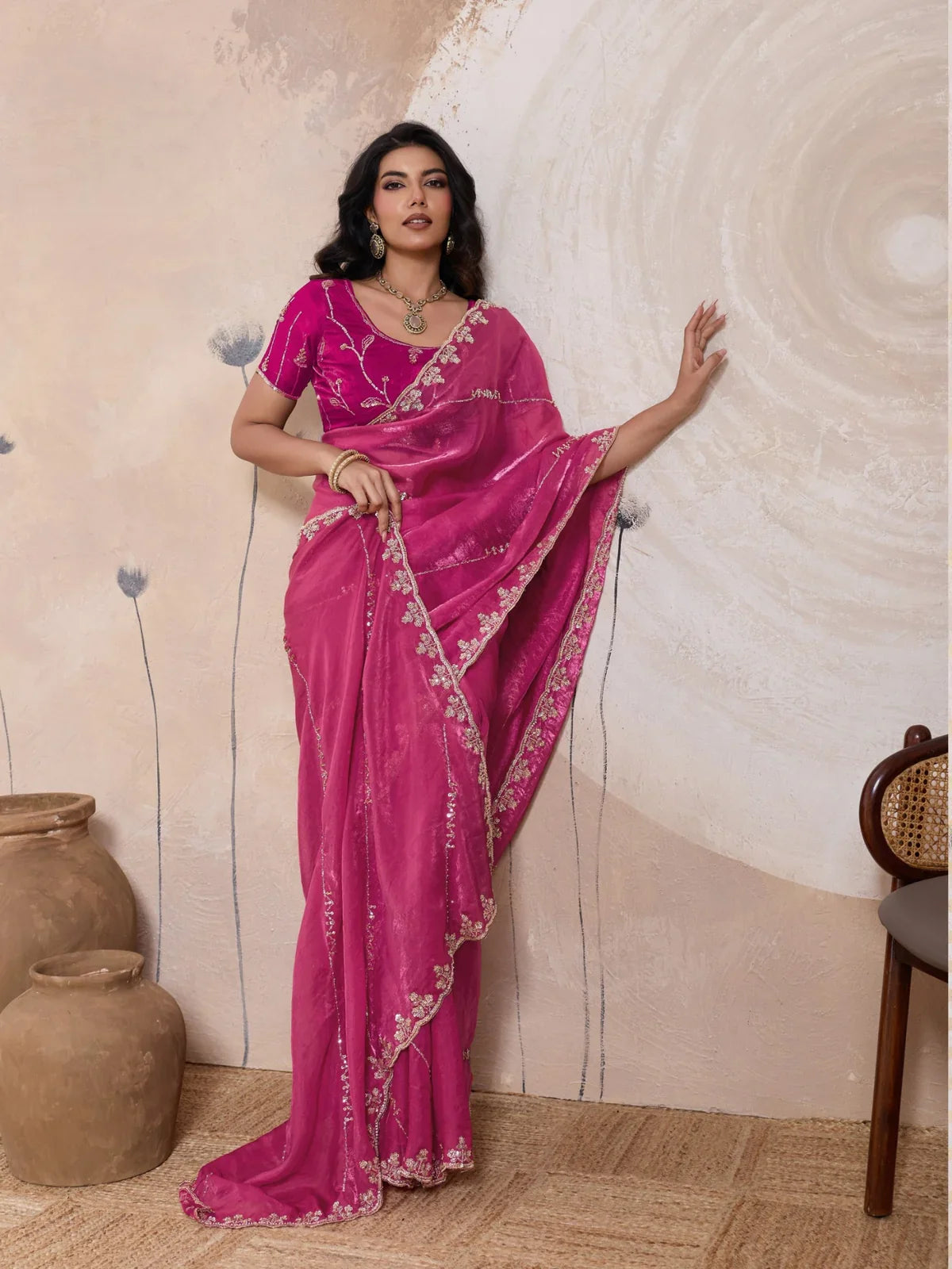 Tarani pink metallic velvet satin saree full view with c-pallu and zari cutdana embroidery for festive and party wear