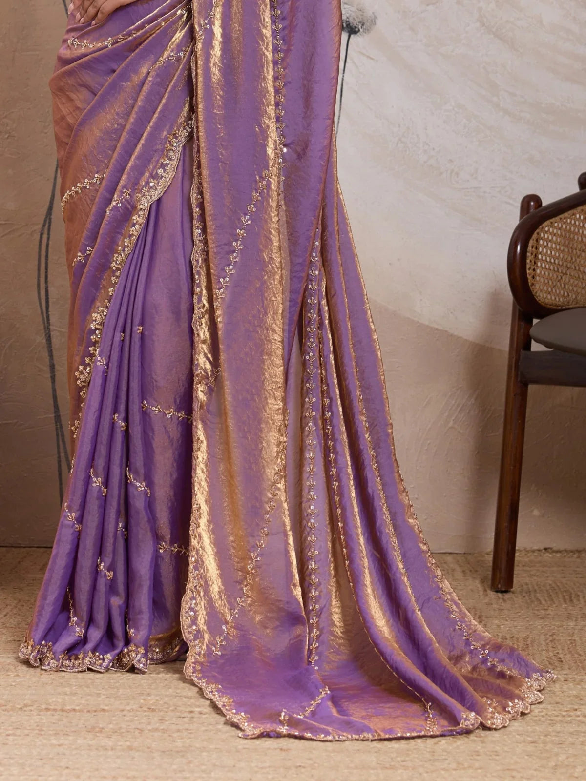 Tarani designer velvet satin saree in purple with elegant zari and sequin border detailing