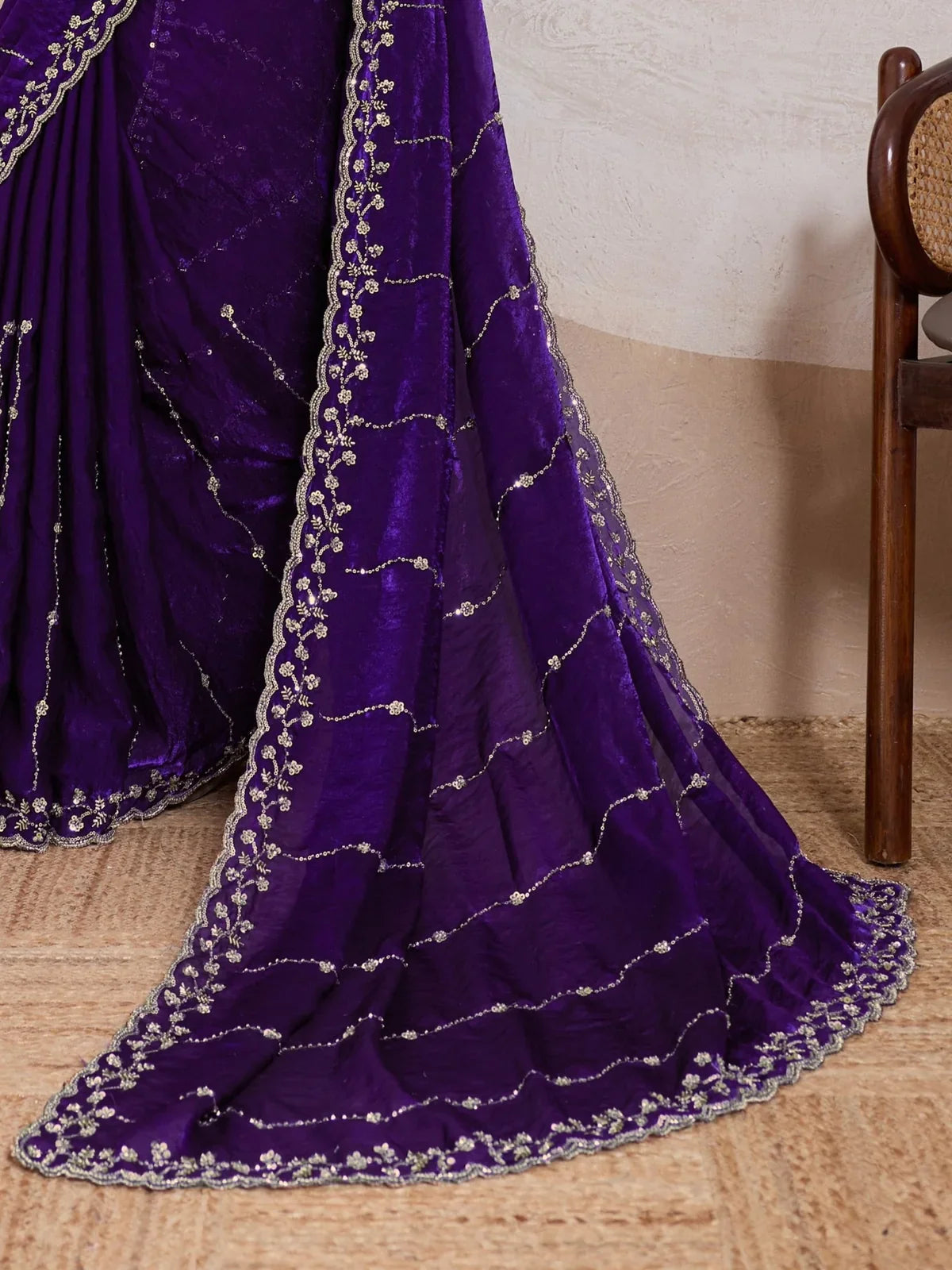 Tarani closeup pallu view of embellished purple metallic velvet saree for party occasions