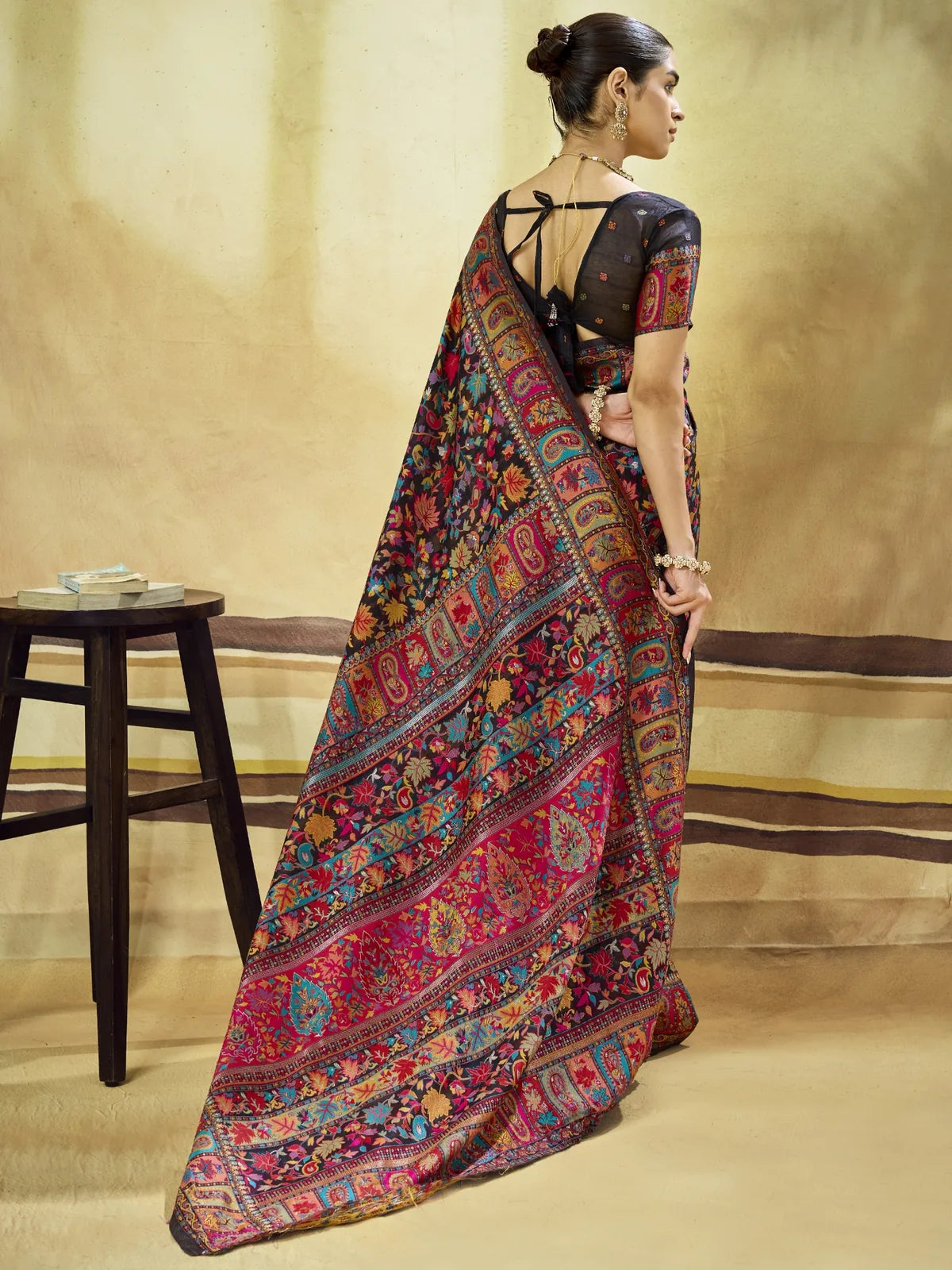 Tarani Aakriti black modal cotton Pashmina weaving saree back view showing statement woven pallu