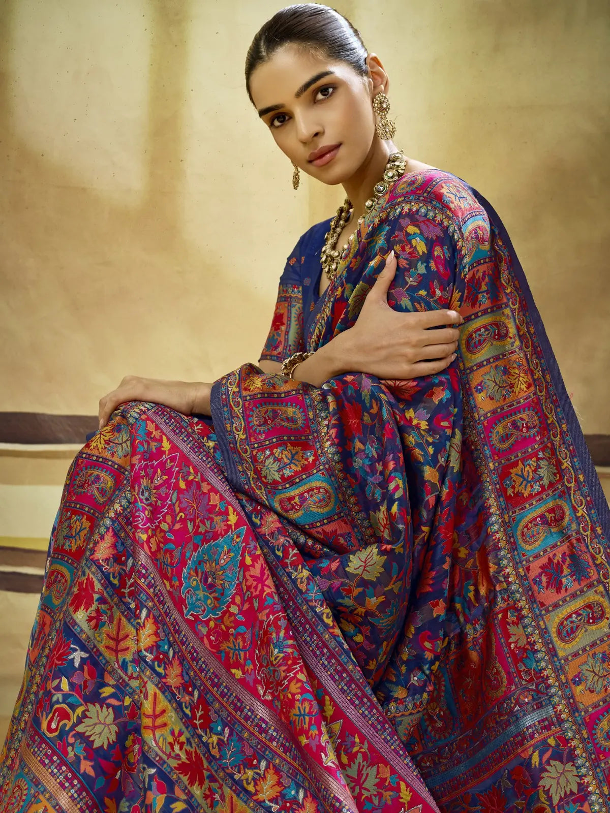 Tarani Sandhya navy blue Modal Cotton Pashmina saree closeup showing floral motifs and rich woven border