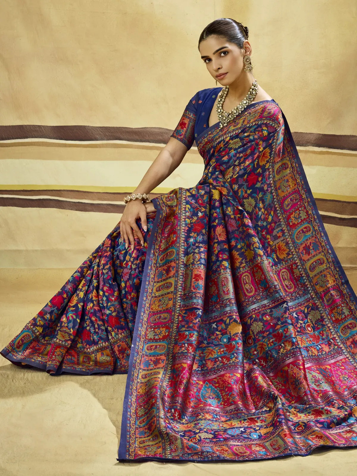 Tarani Sandhya navy blue Modal Cotton Pashmina saree pallu view with vivid floral and paisley woven border