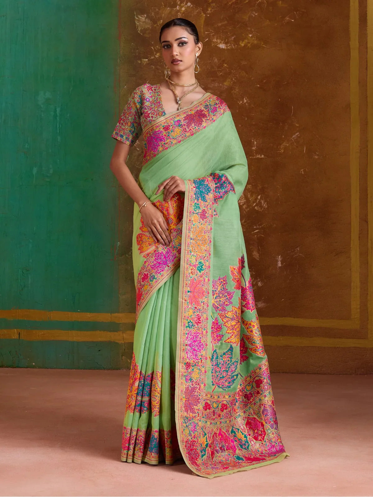 Tarani modal cotton pashmina saree in green with multicolor pallu and embroidered blouse – full front view