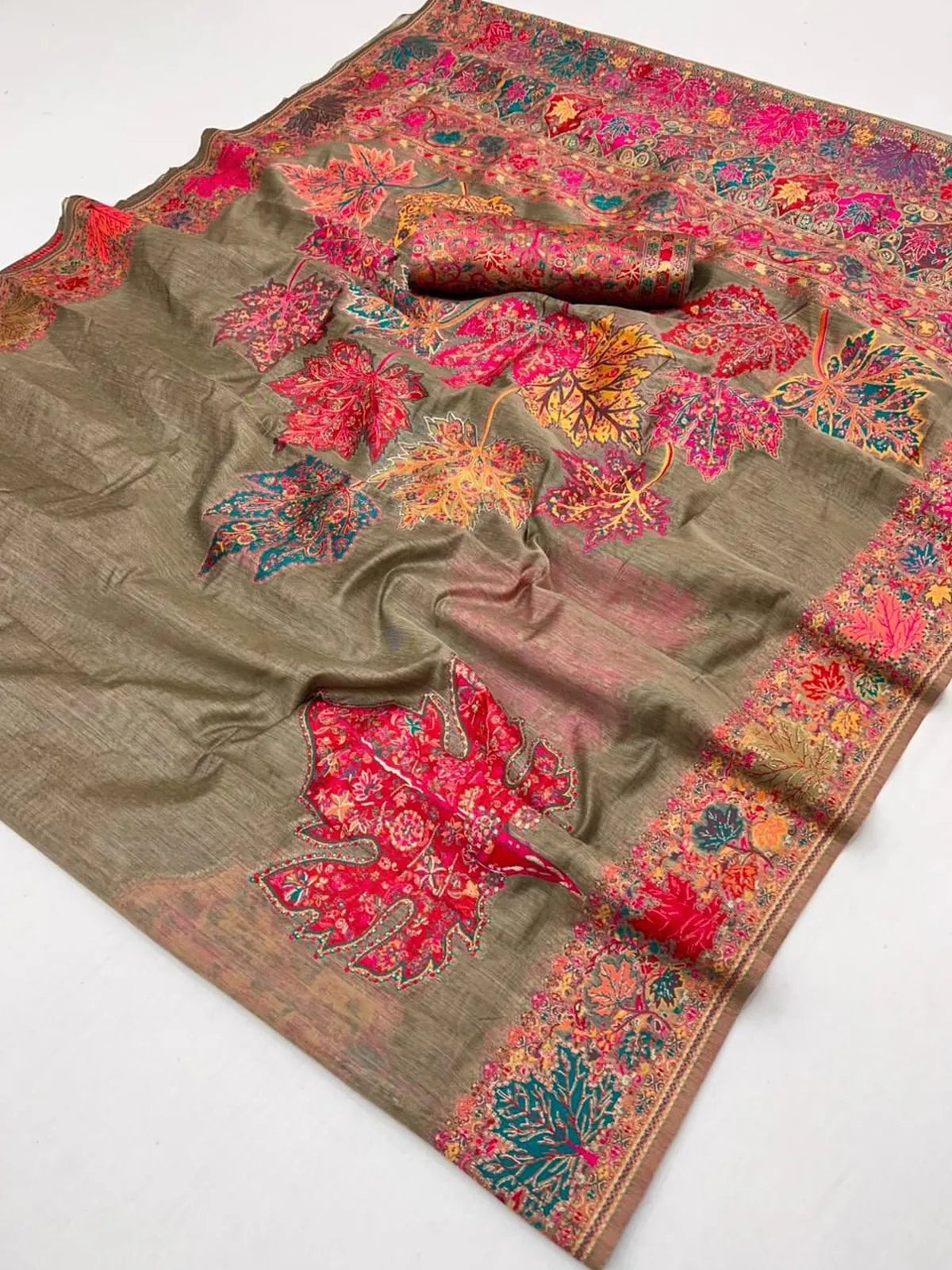Tarani detailed pallu view with Kashmiri-style floral motifs in bright colors