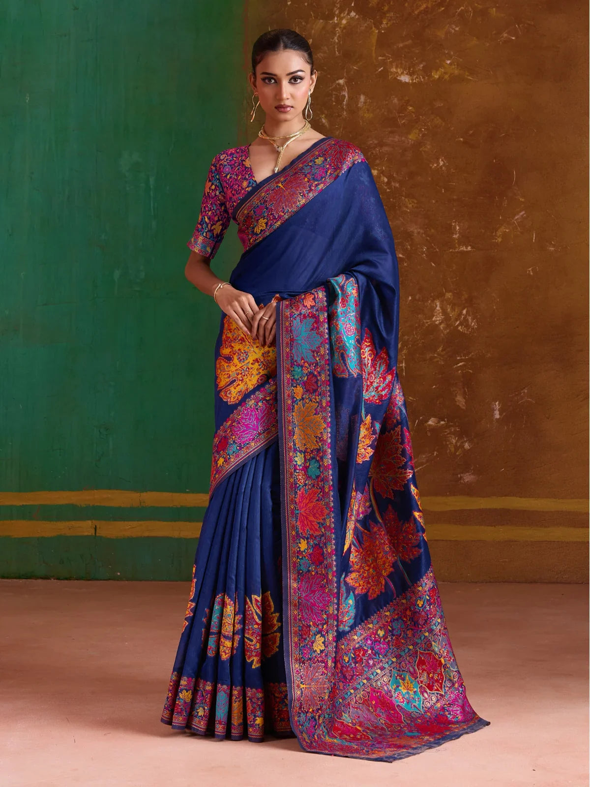 Tarani navy blue modal cotton pashmina saree with rich multicolor Kashmiri-style leaf motifs and detailed border, front view