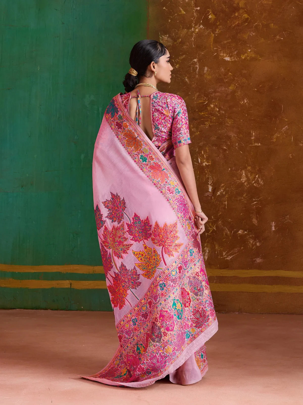Tarani pink pashmina saree full back view showing blouse tie-up design