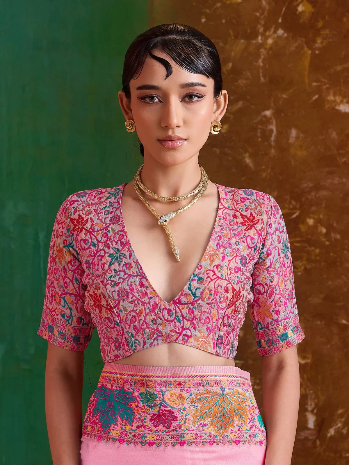 Tarani saree pink festive wear closeup showing elegant blouse design