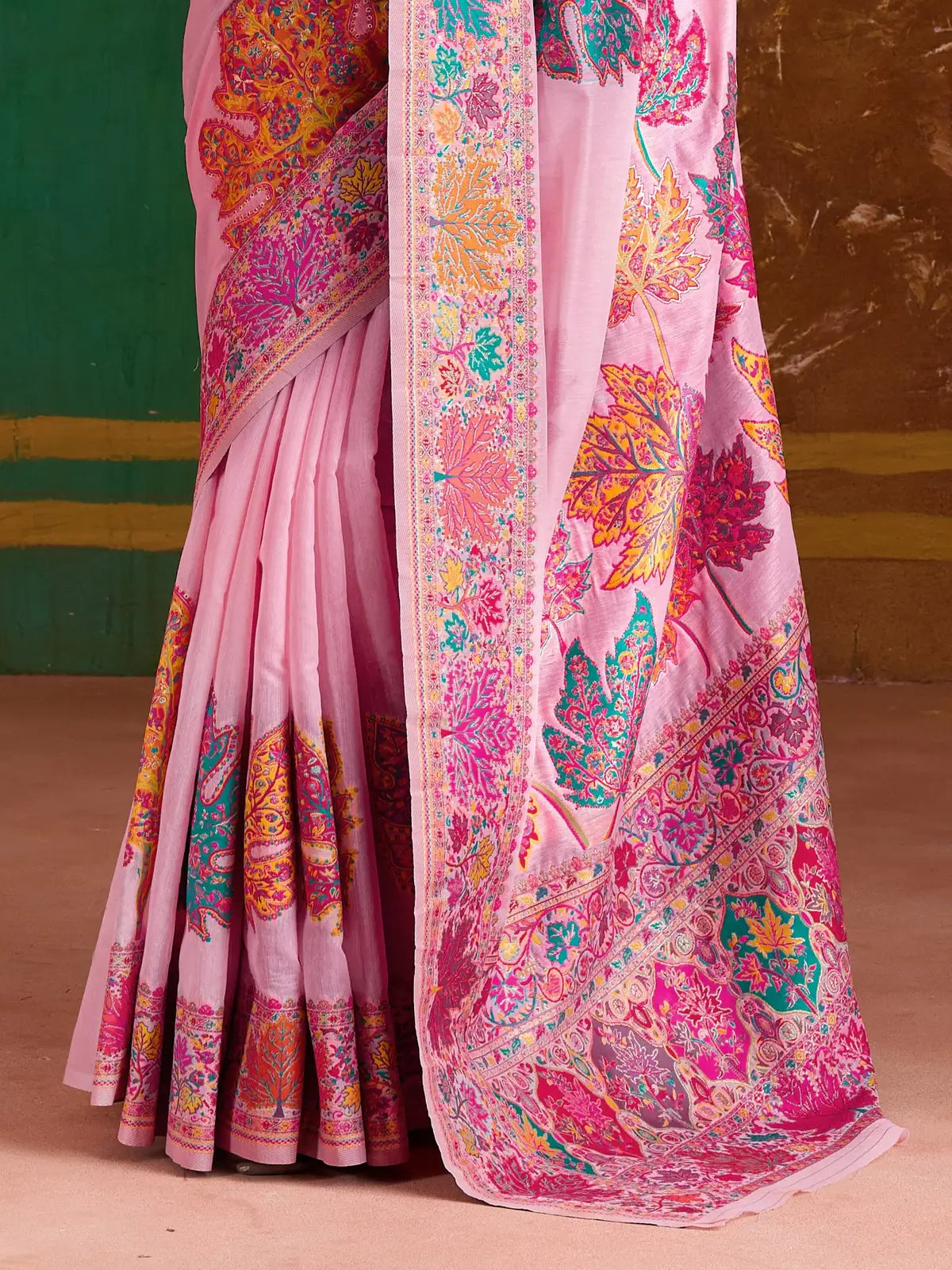 Tarani pink modal cotton saree fabric texture closeup with multicolor weaving