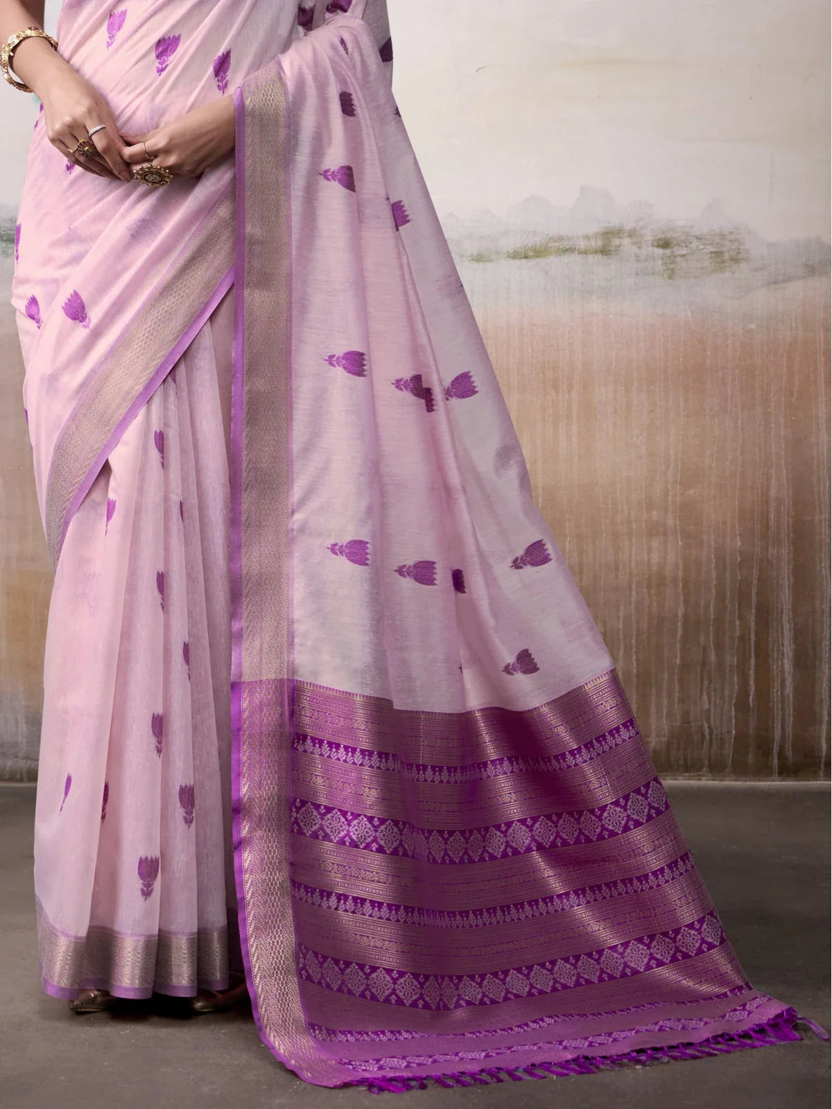Tarani lavender modal cotton saree pallu view with intricate zari design and border details