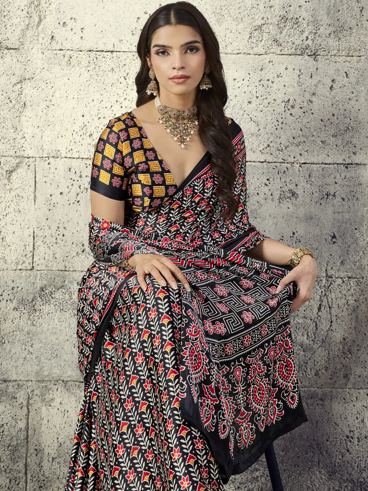 Tarani Nayana black Modal Satin Ajrakh saree closeup view highlighting pallu and printed border artistry