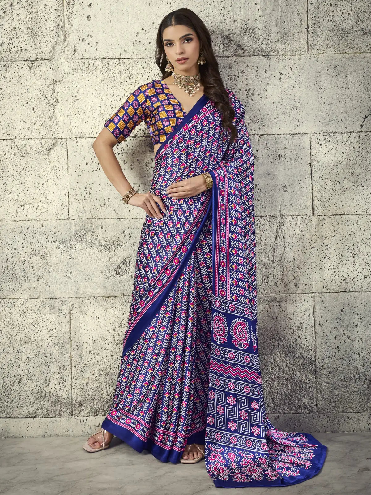 Tarani Nirmita blue Modal Satin Ajrakh Print Saree full view with floral Ajrakh motifs and matching blouse for casual wear