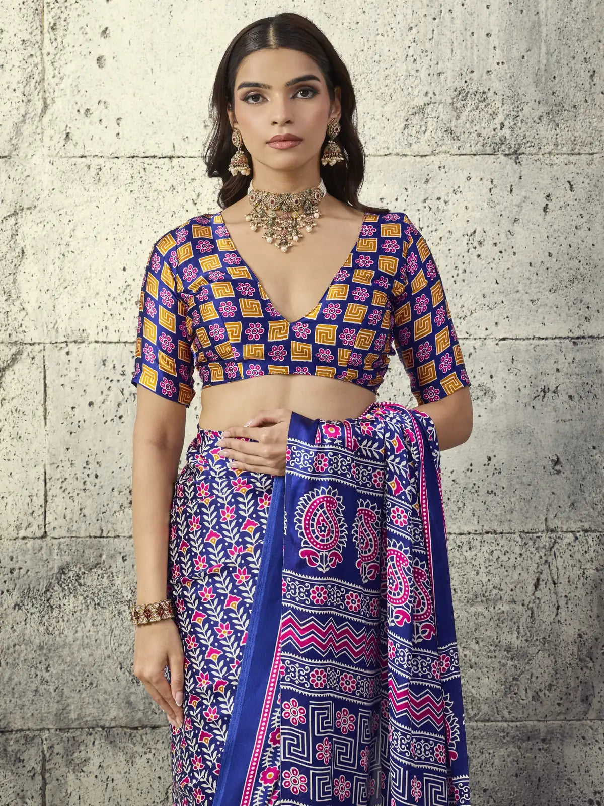 Tarani Nirmita blue Modal Satin Ajrakh Print Saree upper body view showcasing Ajrakh blouse and neckline details