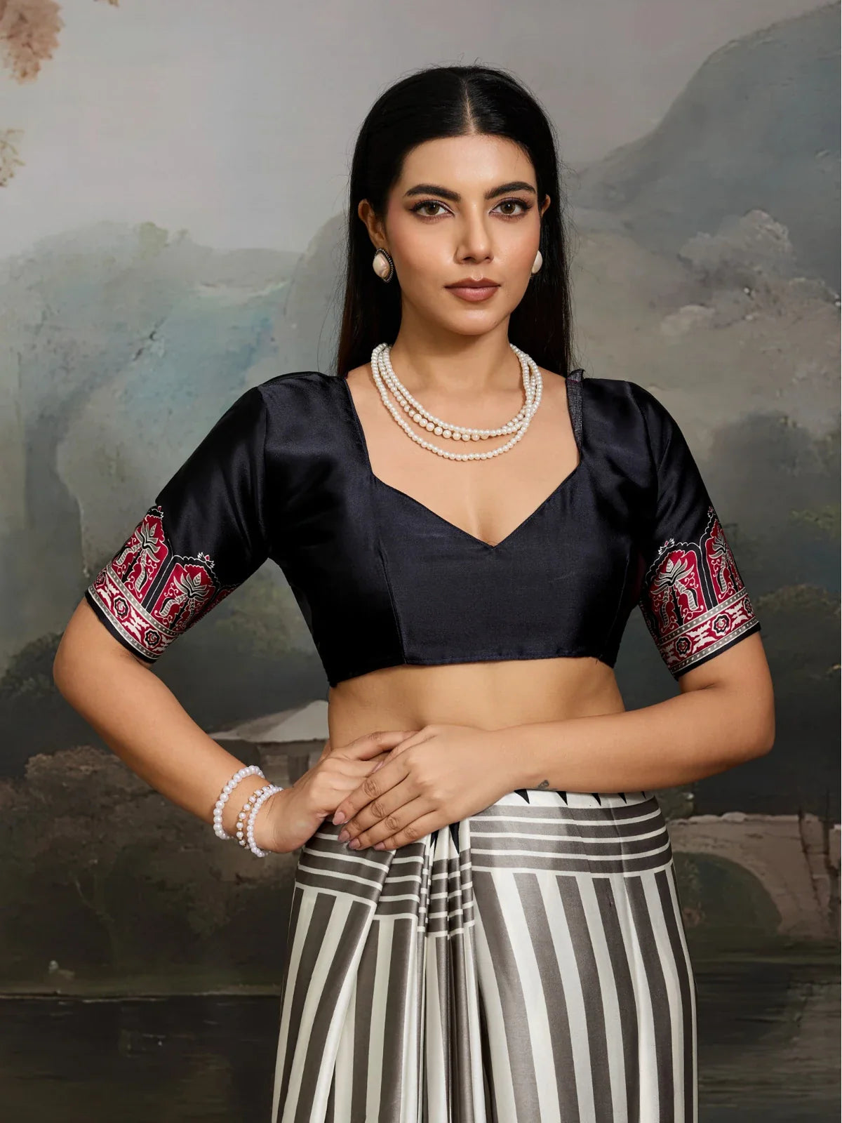 Tarani grey striped saree with black blouse and embroidered sleeves, upper body closeup