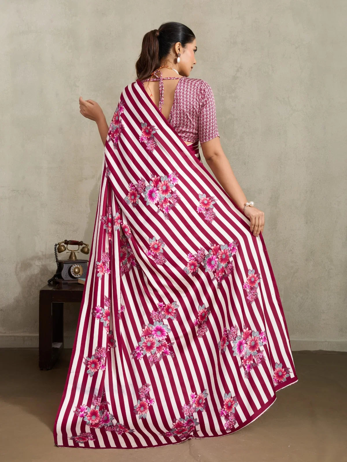 Tarani Modal Satin maroon saree back view with bold pallu and blouse design