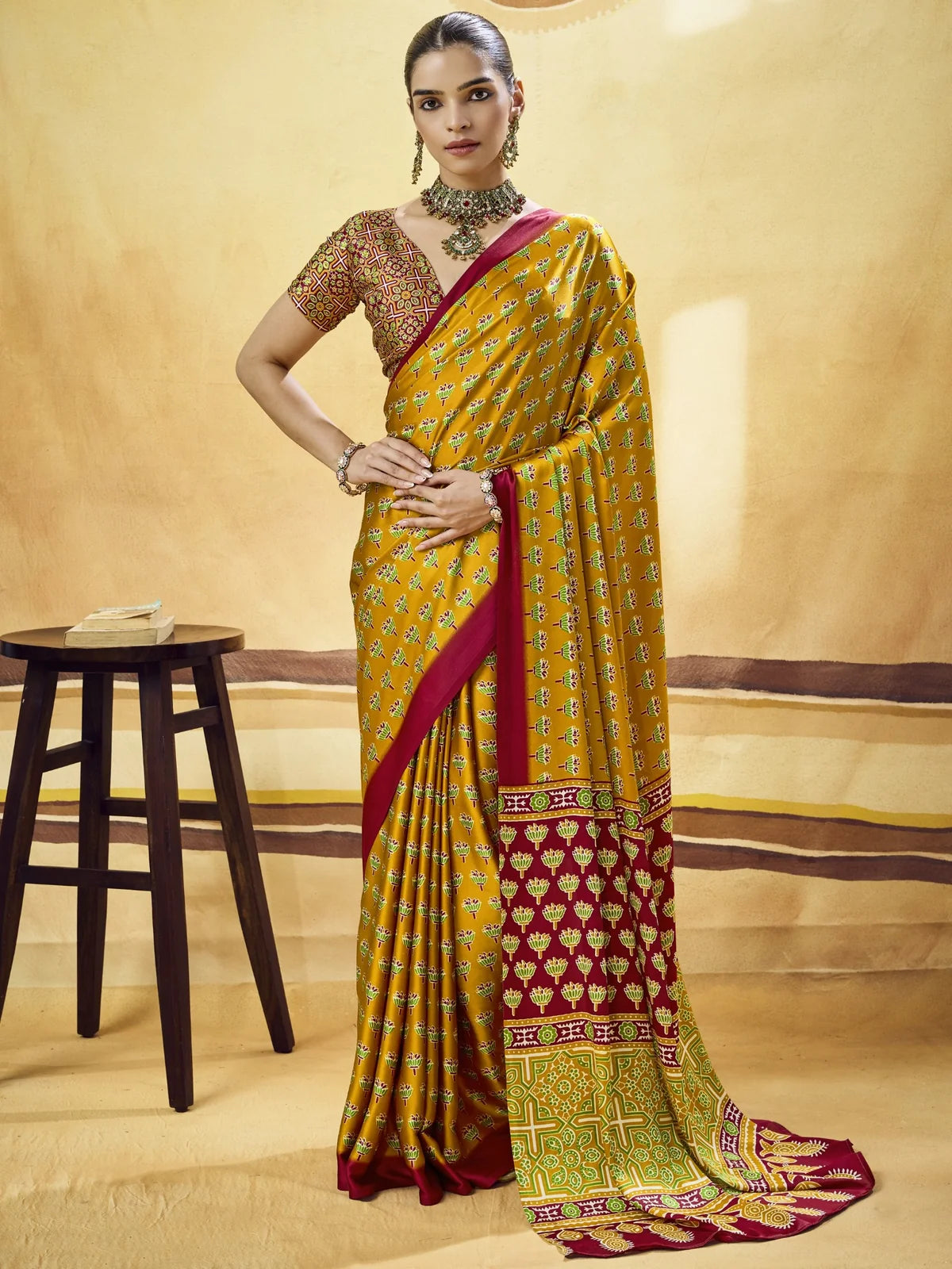 Tarani mustard Modal Satin Ajrakh Print saree full view with printed blouse