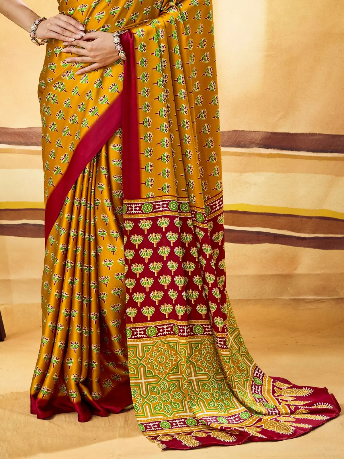 Tarani mustard Modal Satin Ajrakh Print saree pallu and border close view