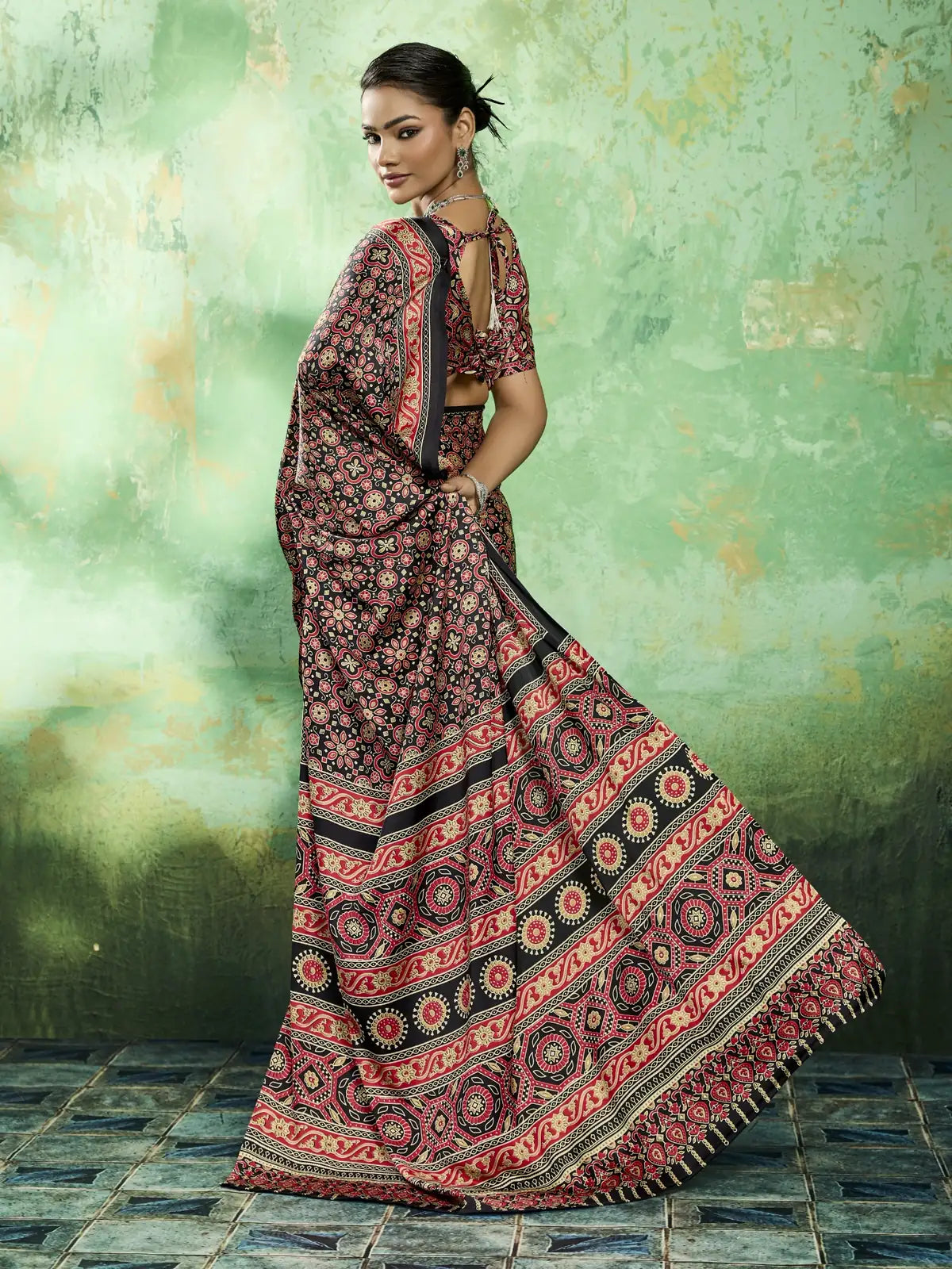 Tarani black modal satin Ajrakh print saree back view with designer blouse pattern
