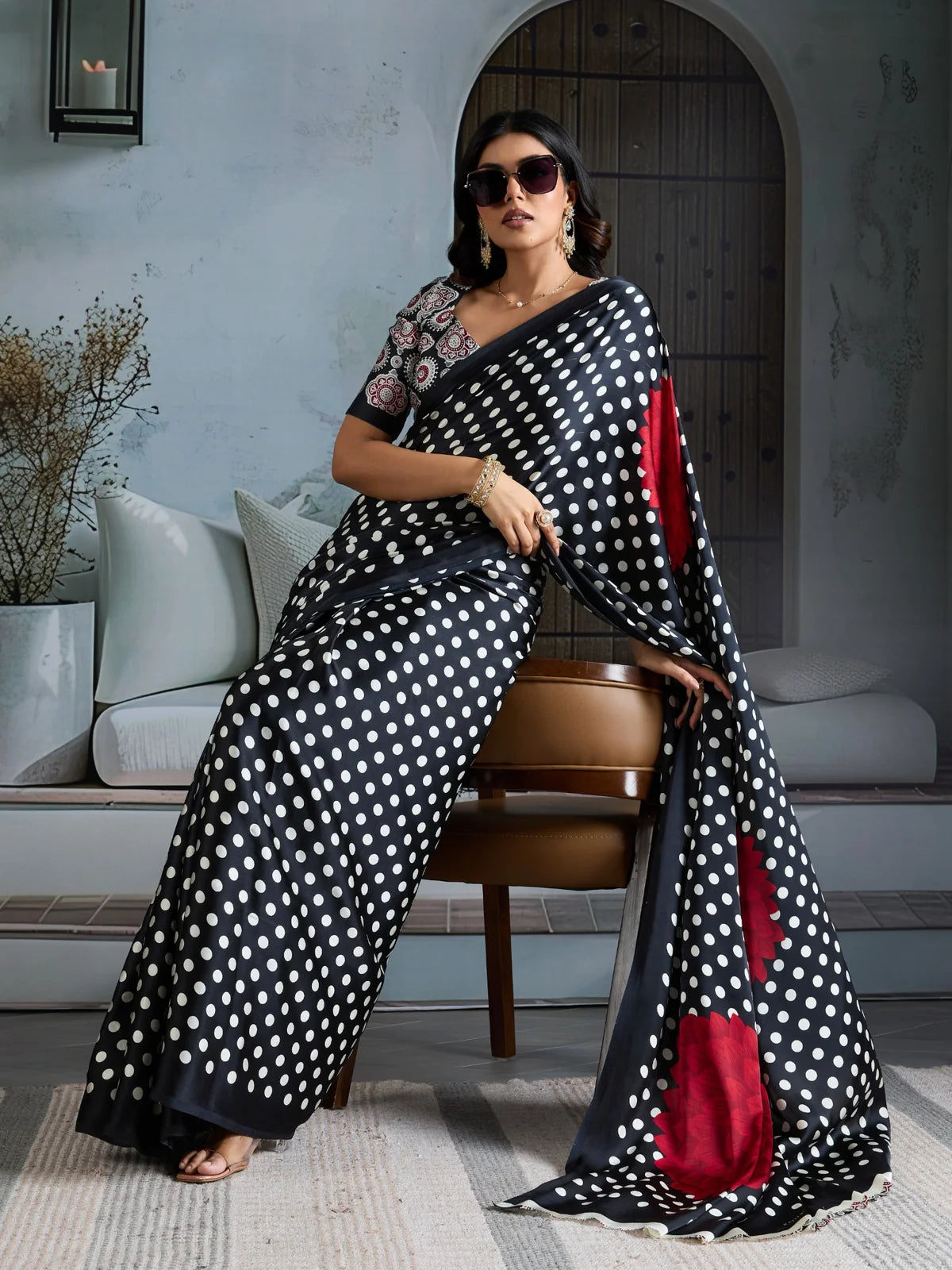 Tarani black modal satin Ajrakh print saree front pose with floral pallu and stylish drape