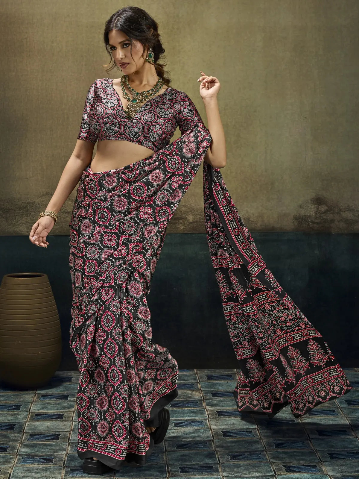 Tarani Mahira black Modal Satin Ajrakh print saree front view with printed drape and pallu