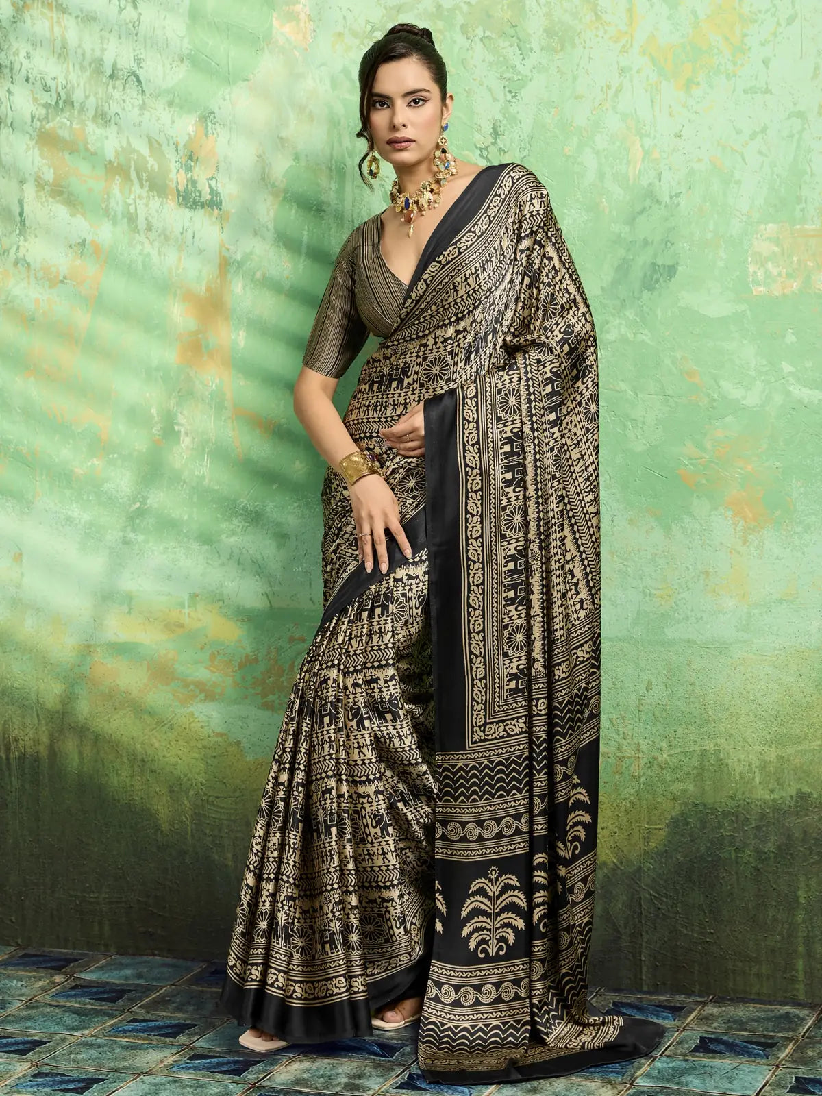 Tarani black Modal Satin Ajrakh Print saree full view with printed design and unstitched blouse