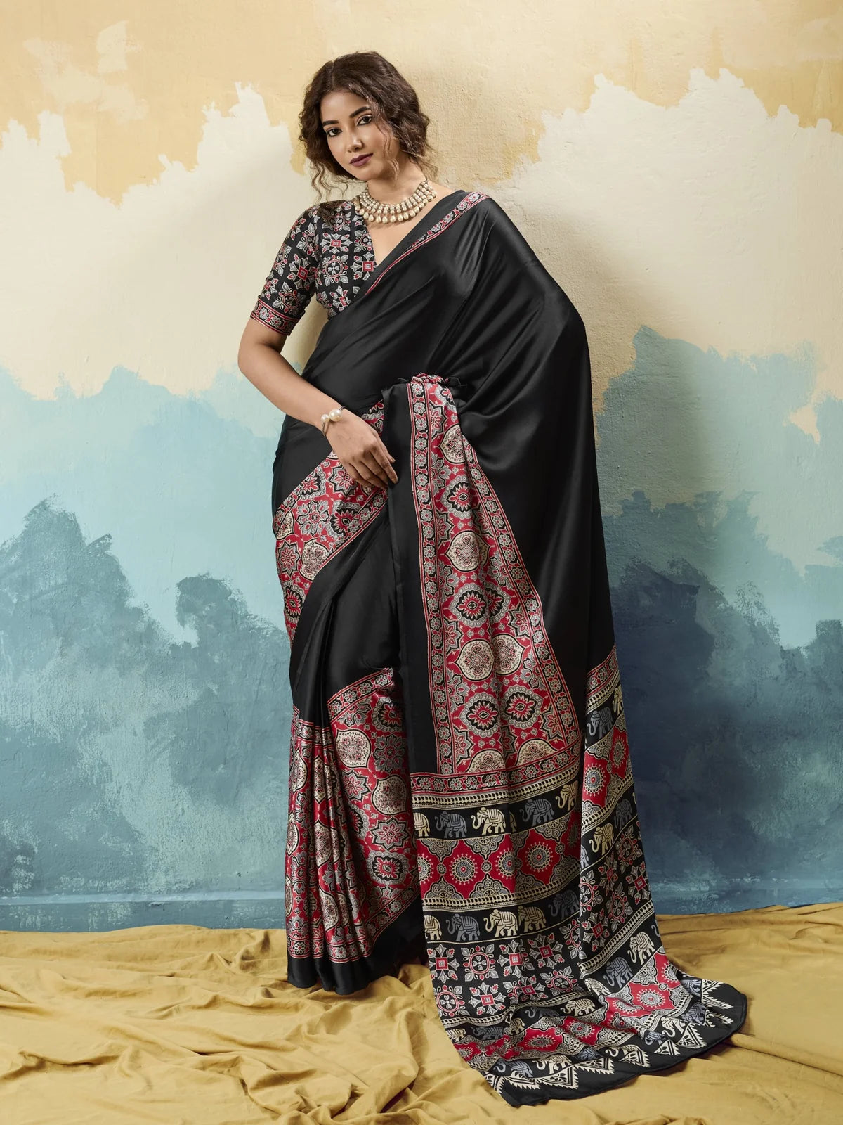 Tarani black modal satin Ajrakh print saree full view with detailed border and blouse