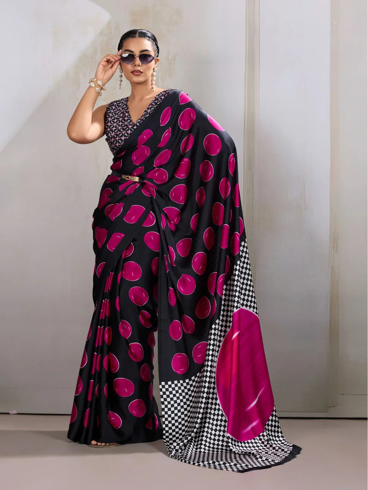 Tarani modal satin black saree with bold magenta dots and ajrakh printed blouse full view