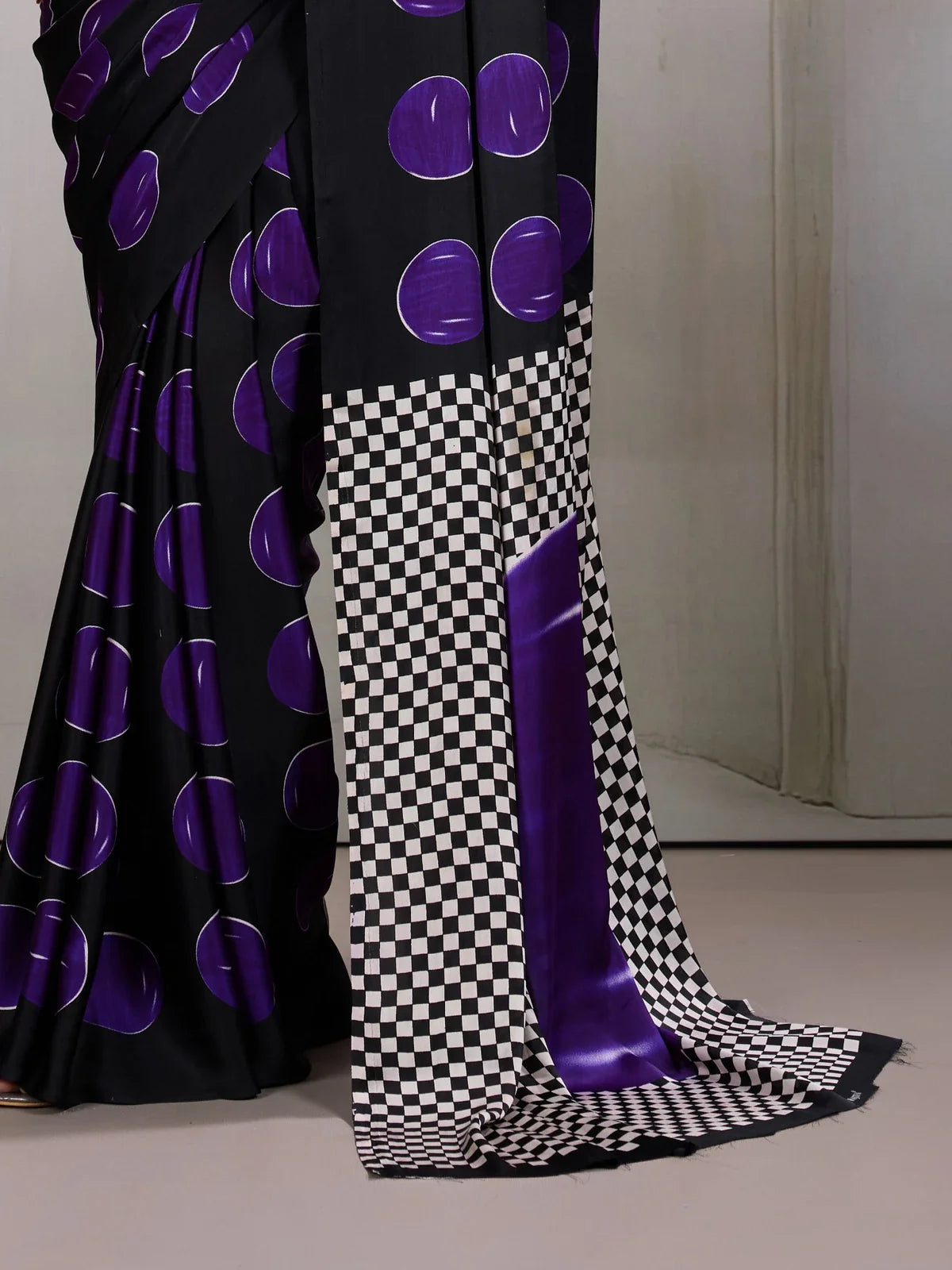 Tarani modal satin black saree fashion shoot alternate angle view 3 for party or festive wear