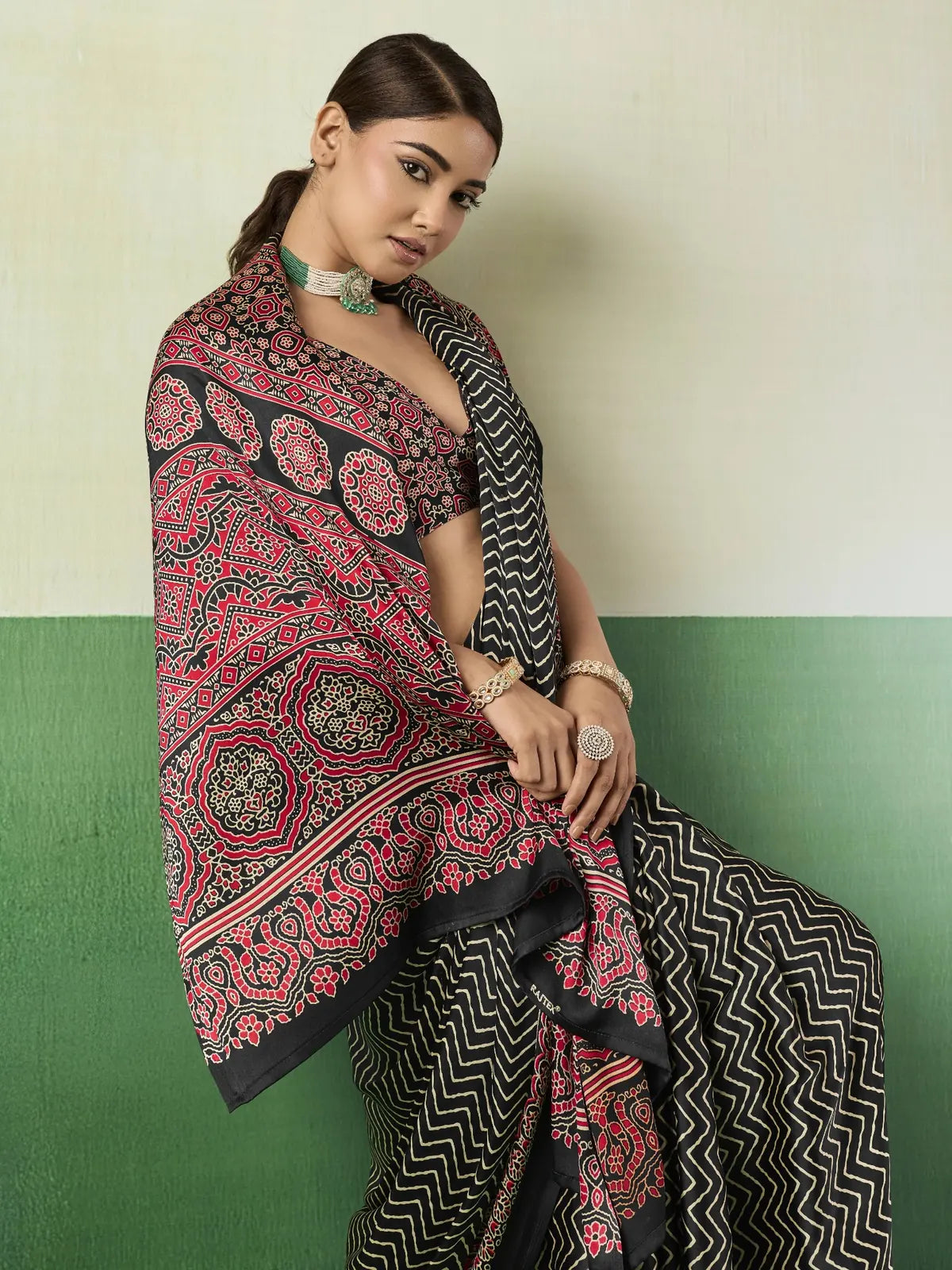 Tarani black Ajrakh print saree pallu view with intricate ethnic border detailing