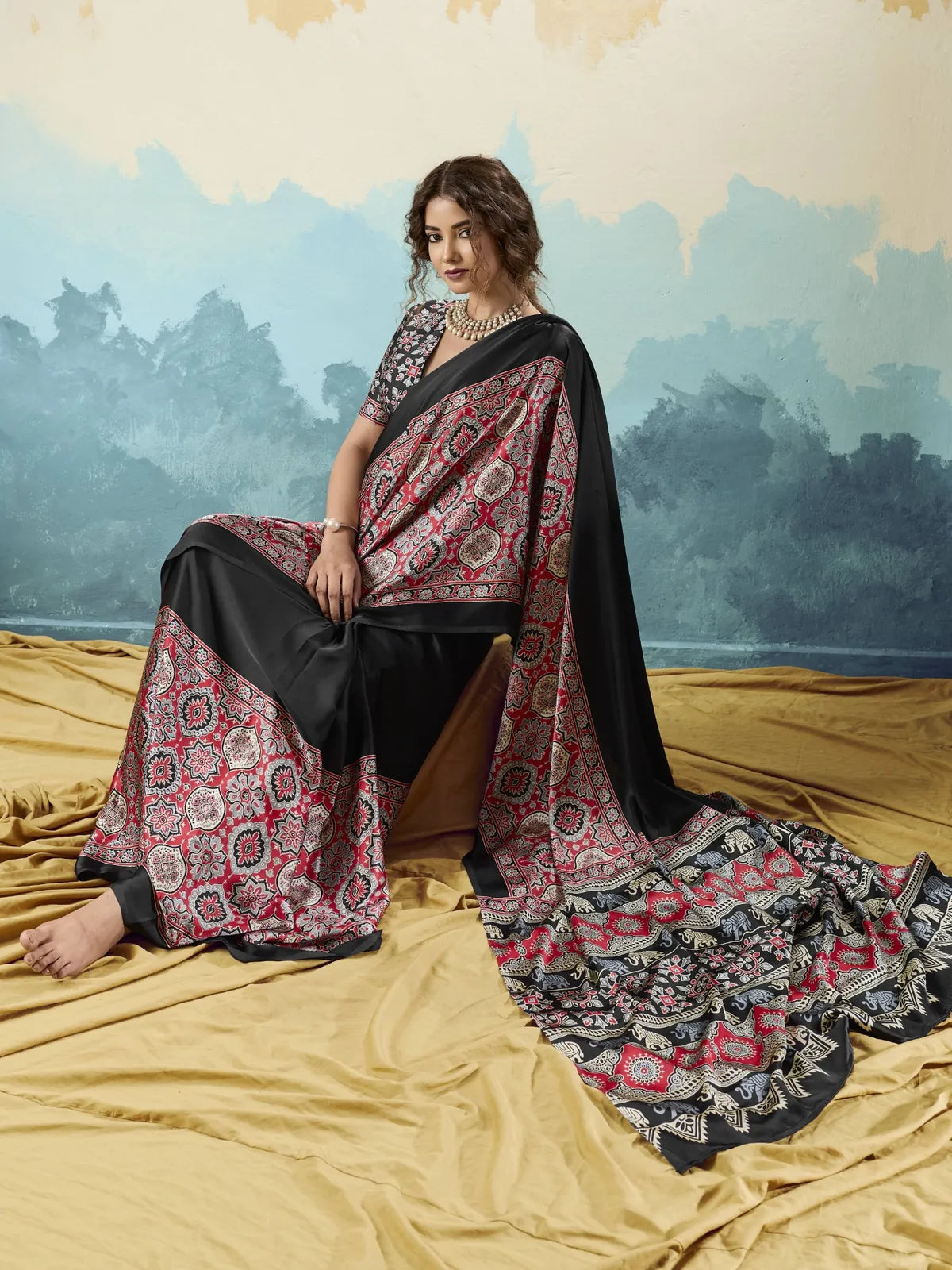 Tarani black modal satin Ajrakh print saree pallu view with ethnic border detailing