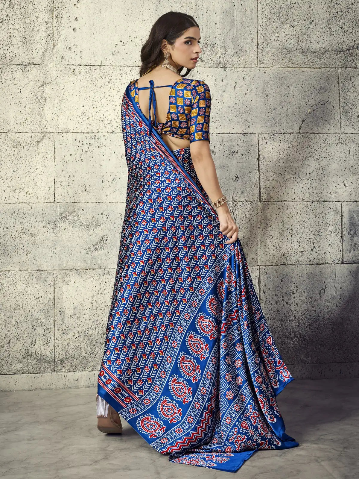 Tarani blue Modal Satin Ajrakh saree back view with printed blouse design