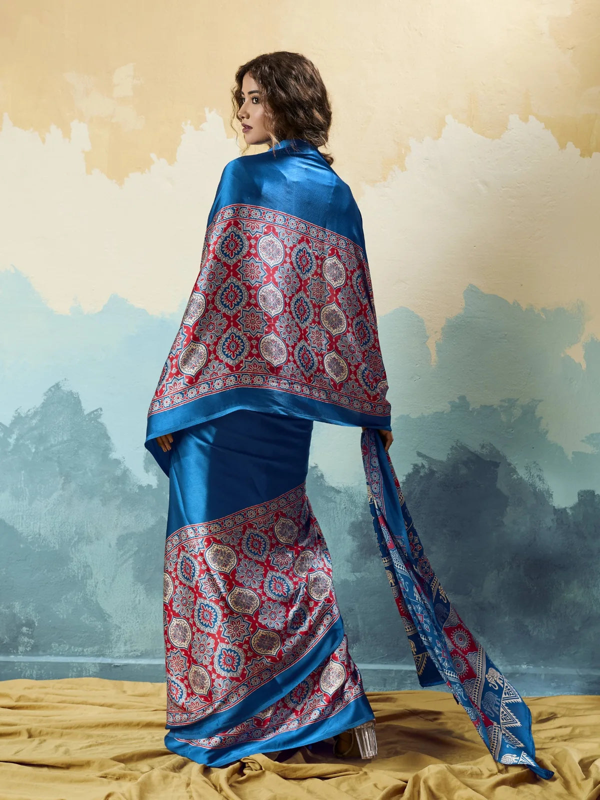 Tarani blue modal satin Ajrakh print saree back view with rich Ajrakh printed pallu design