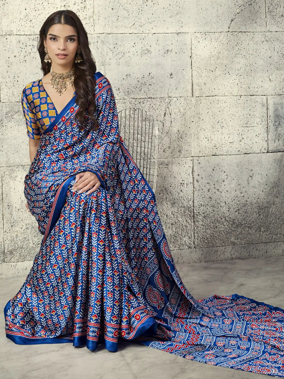 Tarani blue Modal Satin Ajrakh saree front pose with elegant drape and pallu