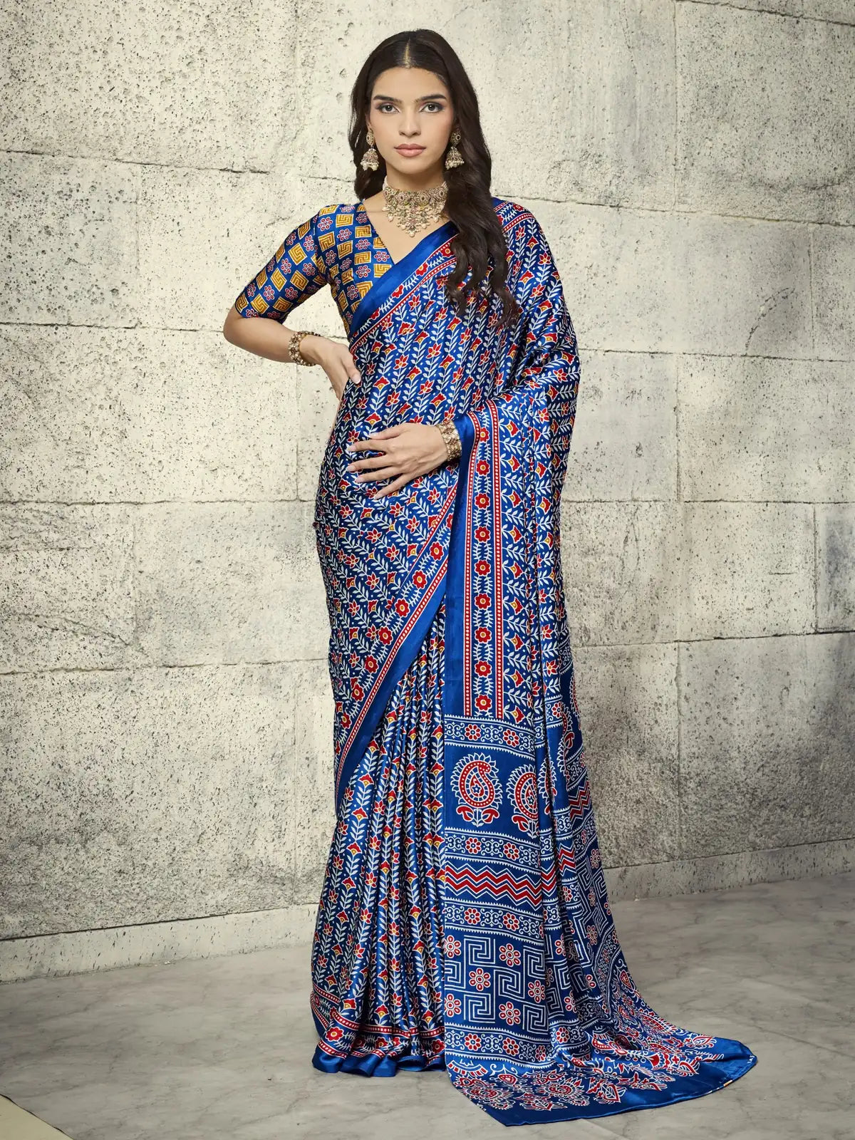 Tarani blue Modal Satin Ajrakh Print saree full view with floral print and designer border