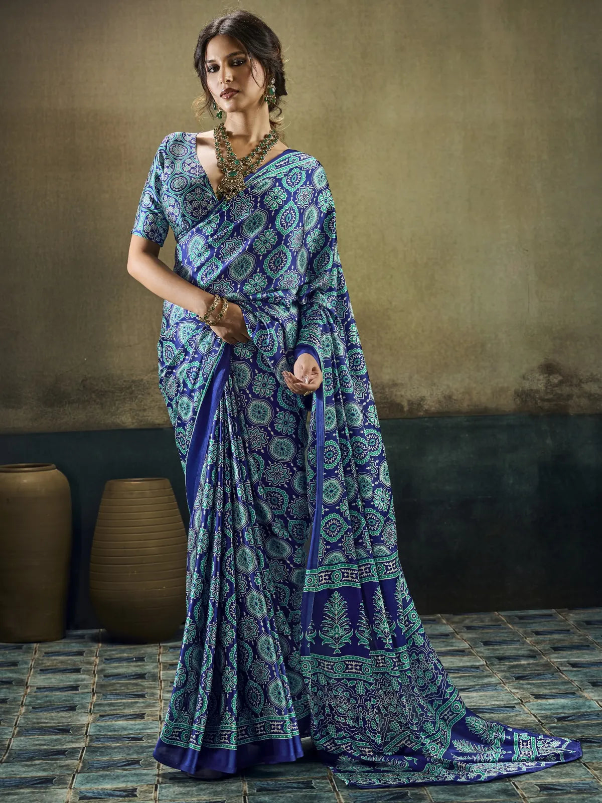 Tarani Swarnima blue Modal Satin Ajrakh print saree with blouse in full view