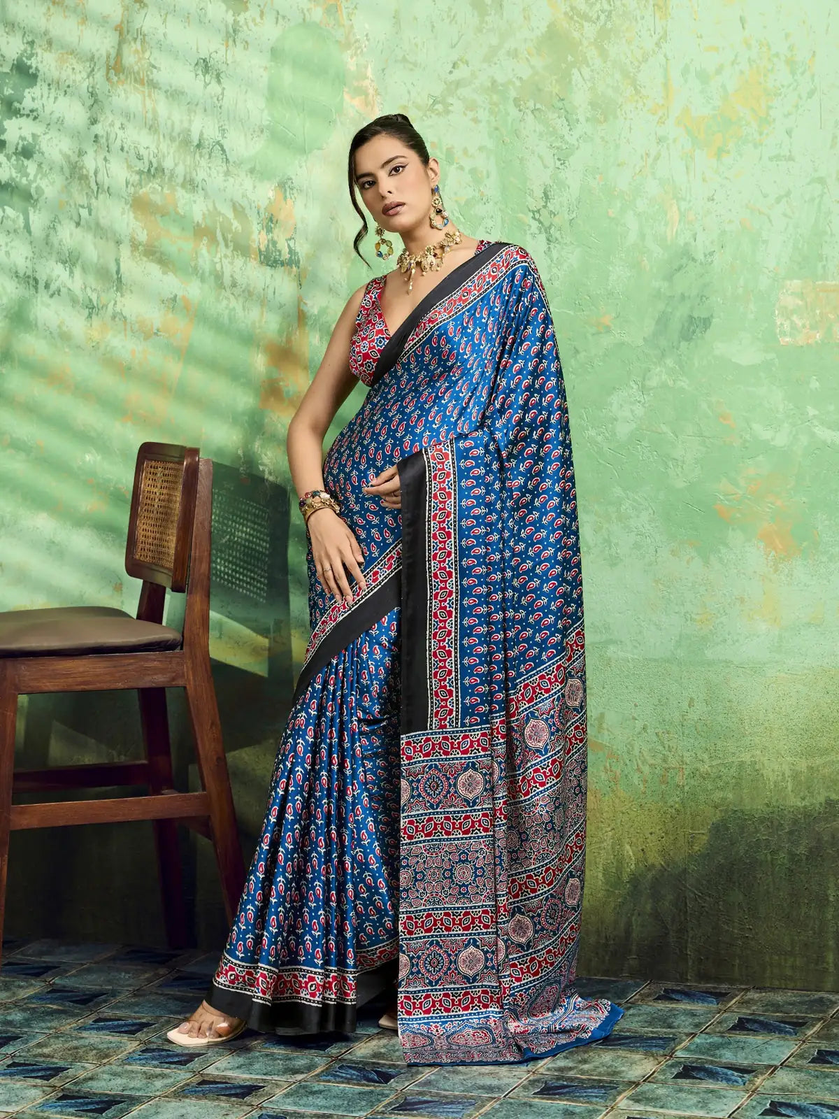 Tarani blue modal satin Ajrakh print saree full view with printed blouse for casual ethnic wear