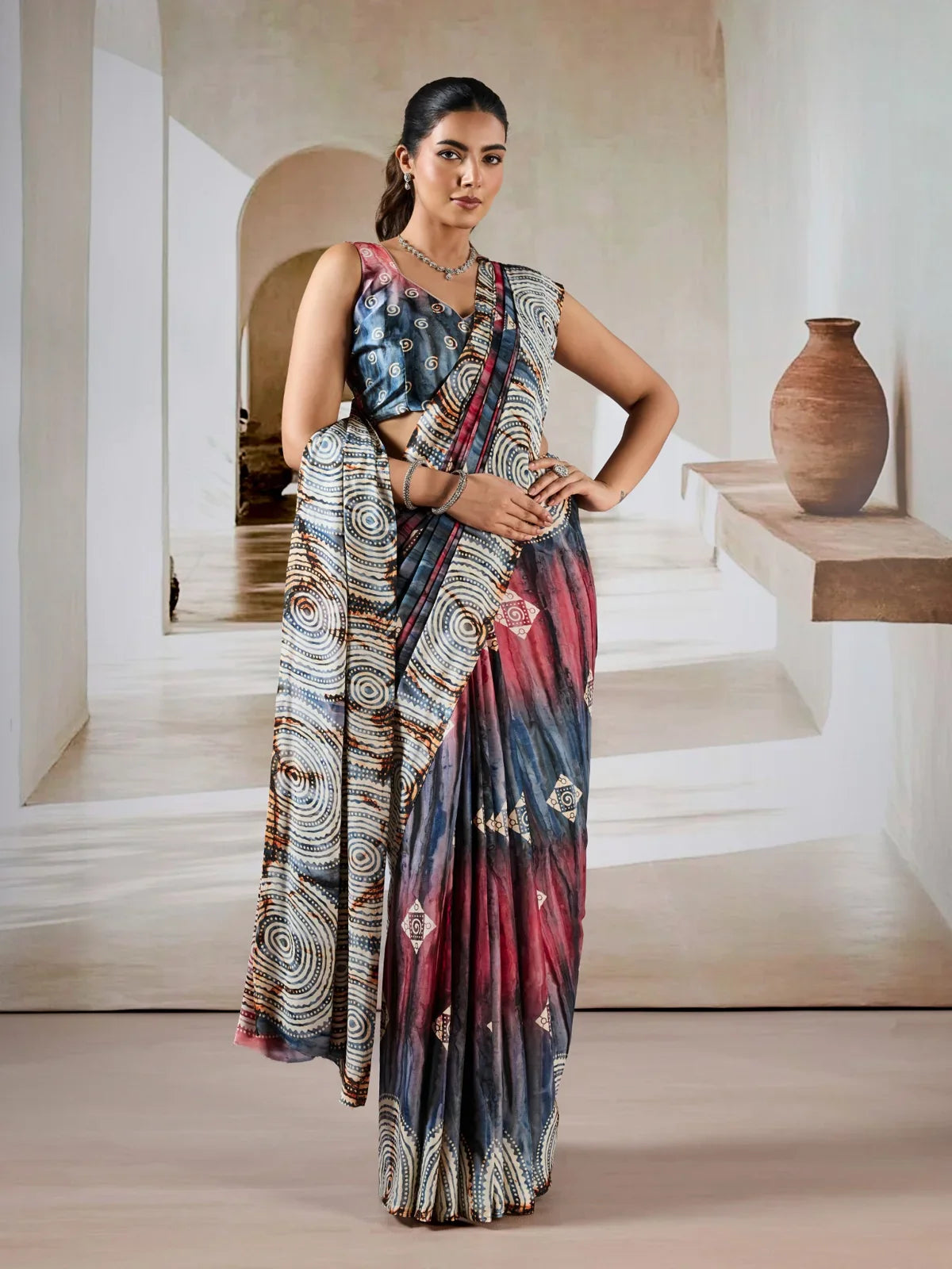 Tarani modal satin blue saree with traditional Ajrakh circular print and hand prism blouse