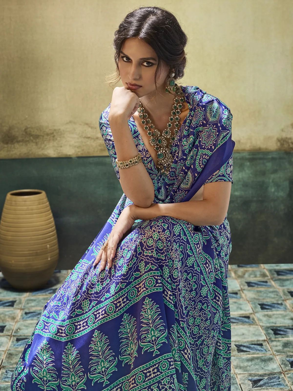 Tarani Swarnima blue Modal Satin Ajrakh saree pallu view with detailed printed border