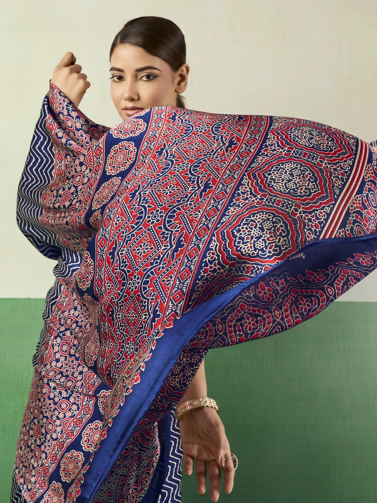Tarani blue modal satin Ajrakh saree pallu and border close detail view
