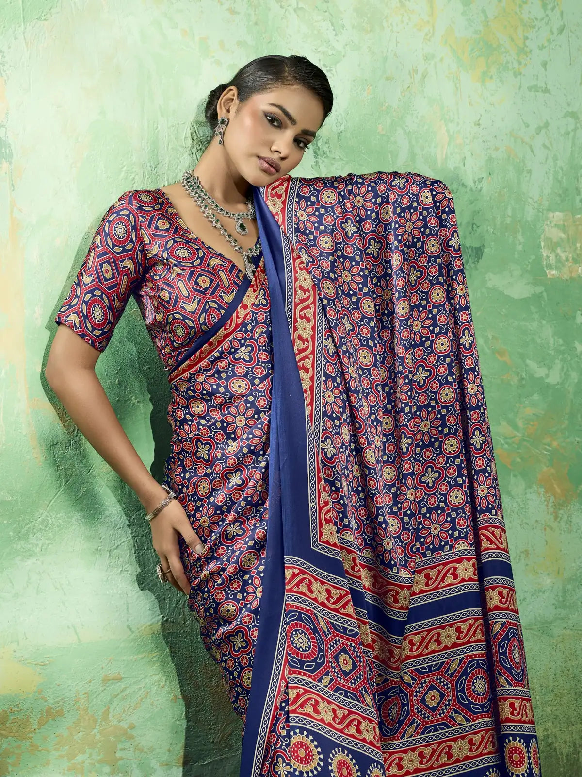 Tarani blue Ajrakh print saree pallu and border detail in modal satin fabric