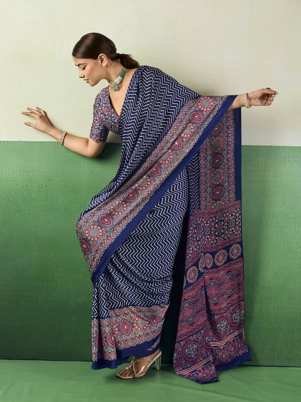 Tarani blue Ajrakh print modal satin saree side drape view with elegant border